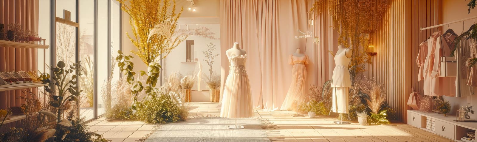 Interior de boutique nupcial com vestidos expostos em araras