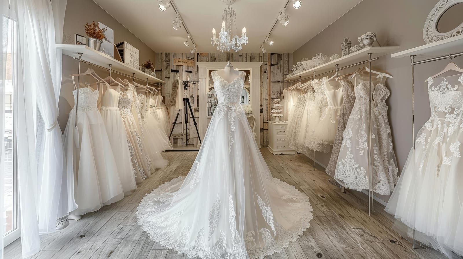 Vestido de noiva em renda exposto em boutique nupcial bem iluminada