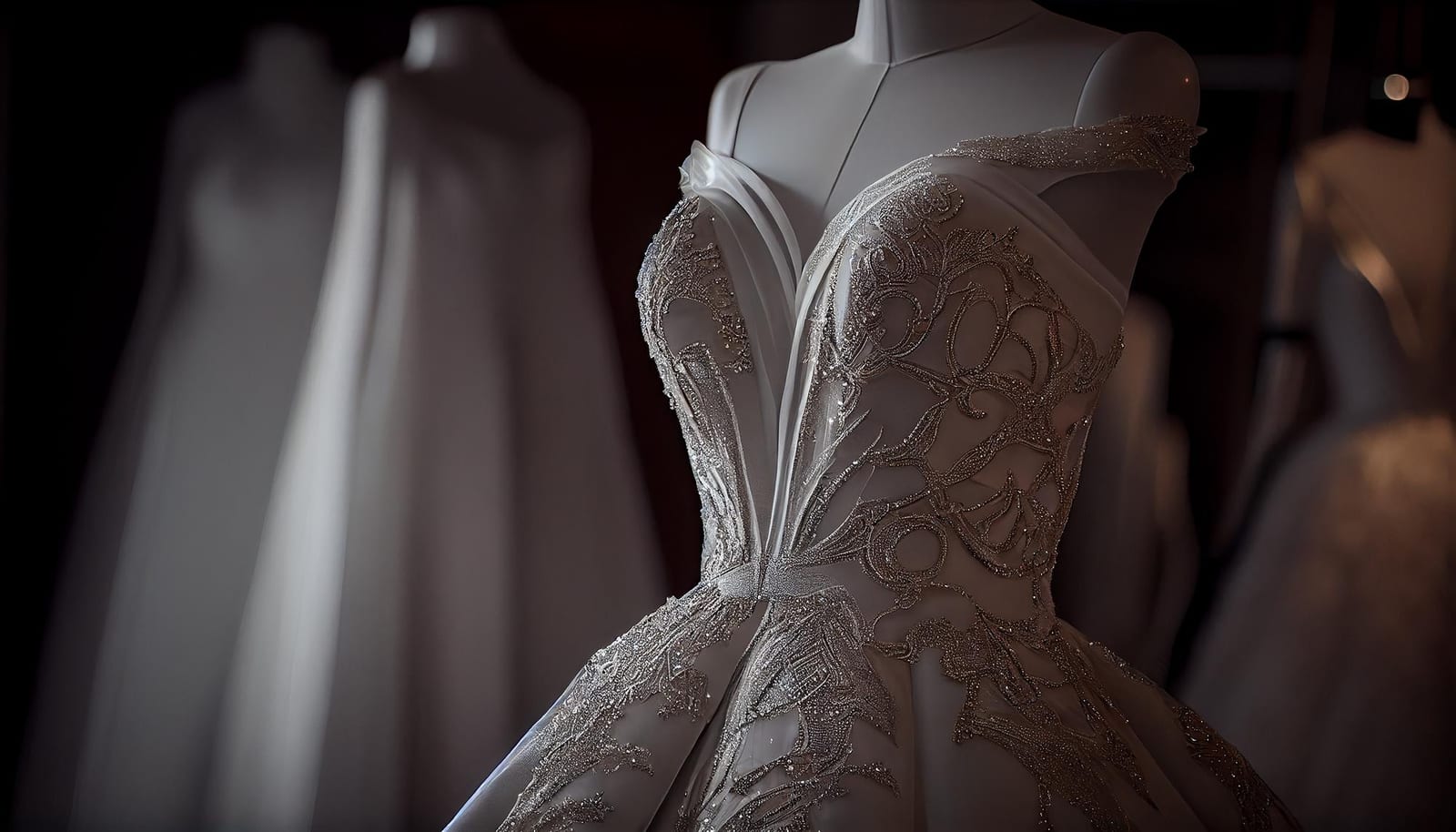 Vestido de noiva pendurado em arara de boutique